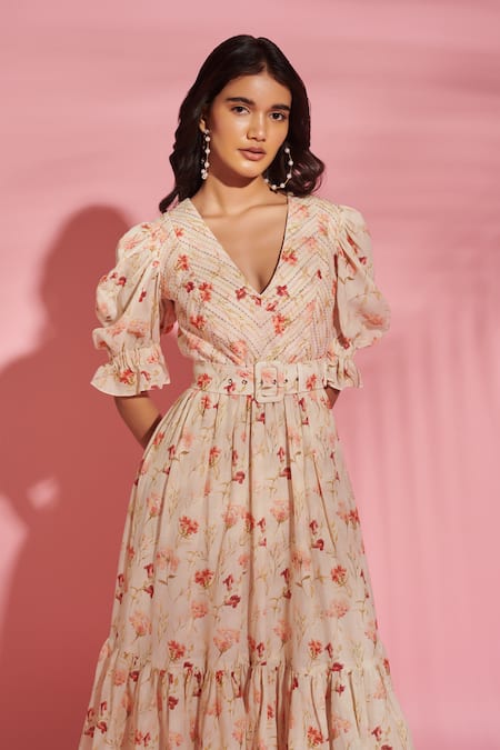 Shop Verano By Tanya Off White Linen Embroidery, Celia Floral Print Tiered Midi Dress With Belt at Aza Fashions Shop_Verano By Tanya_Off White Linen Embroidery, Celia Floral Print Tiered Midi Dress With Belt _at_Aza_Fashions