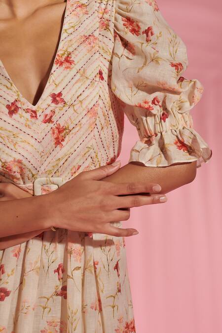 Verano By Tanya Off White Linen Embroidery, Celia Floral Print Tiered Midi Dress With Belt Online at Aza Fashions Verano By Tanya_Off White Linen Embroidery, Celia Floral Print Tiered Midi Dress With Belt _Online_at_Aza_Fashions
