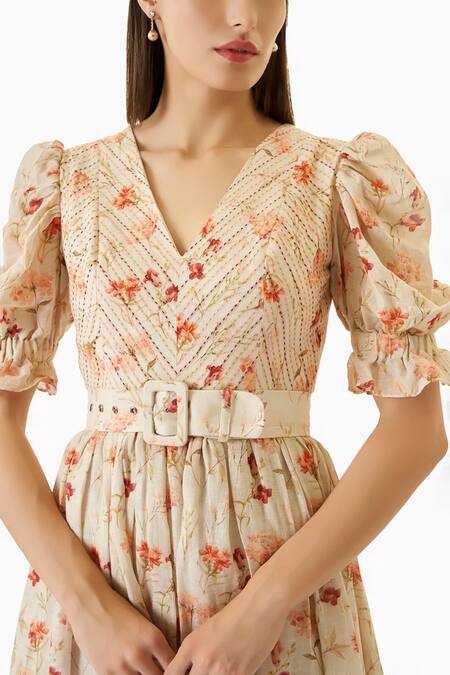 Buy_Verano By Tanya_Off White Linen Embroidery, Celia Floral Print Tiered Midi Dress With Belt _Online_at_Aza_Fashions