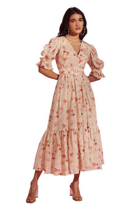 Shop Verano By Tanya Off White Linen Embroidery, Celia Floral Print Tiered Midi Dress With Belt Online at Aza Fashions Shop_Verano By Tanya_Off White Linen Embroidery, Celia Floral Print Tiered Midi Dress With Belt _Online_at_Aza_Fashions