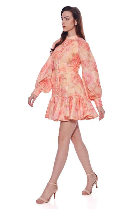 Shop Verano By Tanya Yellow Linen Mandarin Collar Clara Fleur Print Short Dress at Aza Fashions Shop_Verano By Tanya_Yellow Linen Mandarin Collar Clara Fleur Print Short Dress _at_Aza_Fashions