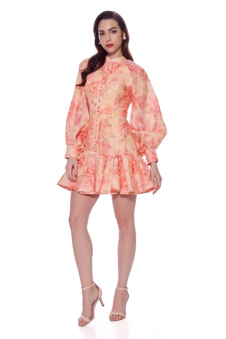 Verano By Tanya Yellow Linen Mandarin Collar Clara Fleur Print Short Dress Online at Aza Fashions Verano By Tanya_Yellow Linen Mandarin Collar Clara Fleur Print Short Dress _Online_at_Aza_Fashions