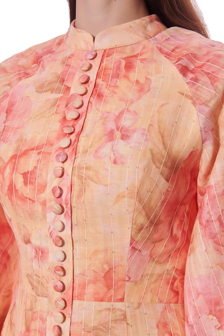 Verano By Tanya Yellow Linen Mandarin Collar Clara Fleur Print Short Dress at Aza Fashions Verano By Tanya_Yellow Linen Mandarin Collar Clara Fleur Print Short Dress _at_Aza_Fashions