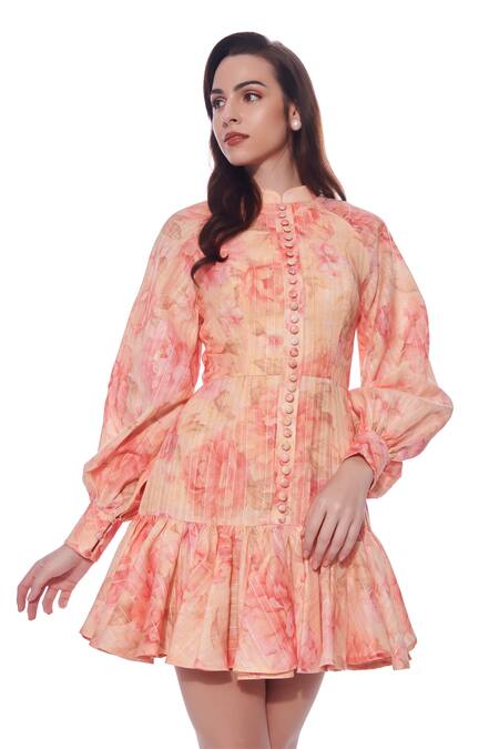 Buy Verano By Tanya Yellow Linen Mandarin Collar Clara Fleur Print Short Dress Buy_Verano By Tanya_Yellow Linen Mandarin Collar Clara Fleur Print Short Dress