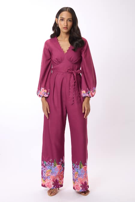 Verano by Tanya Purple Linen Print Rose V Neck Cynthia Jumpsuit With Belt  