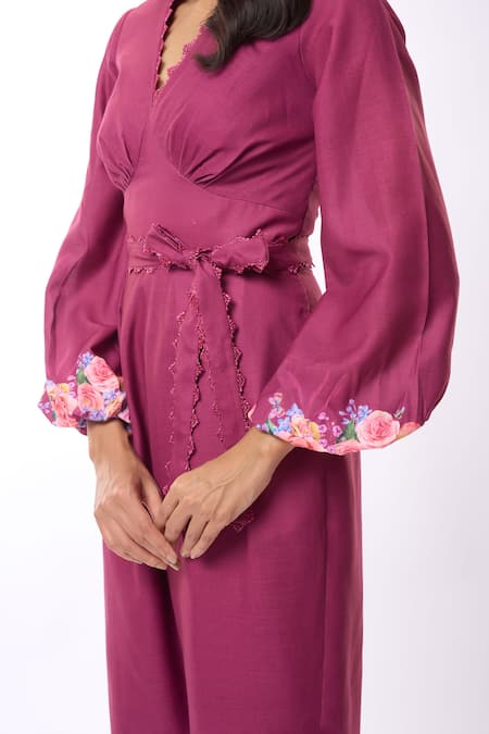 Verano By Tanya Purple Linen Lace V-neck Cynthia Rose Print Jumpsuit With Belt Online at Aza Fashions Verano By Tanya_Purple Linen Lace V-neck Cynthia Rose Print Jumpsuit With Belt _Online_at_Aza_Fashions