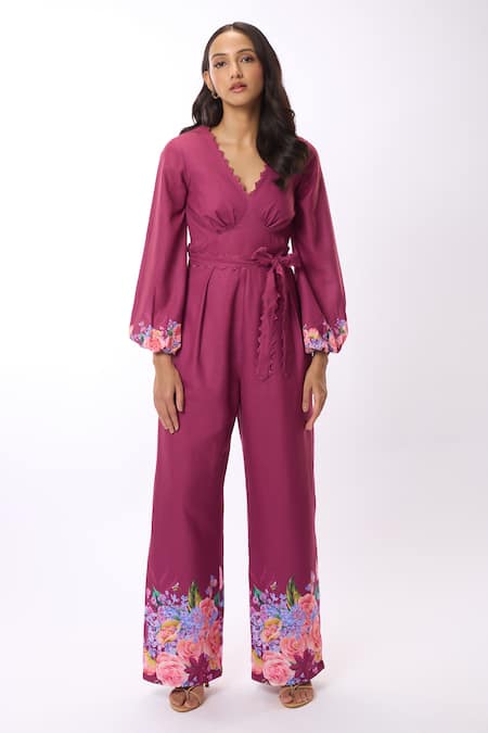 Buy Verano By Tanya Purple Linen Lace V-neck Cynthia Rose Print Jumpsuit With Belt Online at Aza Fashions Buy_Verano By Tanya_Purple Linen Lace V-neck Cynthia Rose Print Jumpsuit With Belt _Online_at_Aza_Fashions