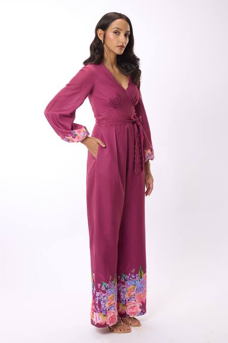 Shop Verano By Tanya Purple Linen Lace V-neck Cynthia Rose Print Jumpsuit With Belt Online at Aza Fashions Shop_Verano By Tanya_Purple Linen Lace V-neck Cynthia Rose Print Jumpsuit With Belt _Online_at_Aza_Fashions