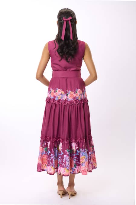 Shop Verano By Tanya Purple Linen Fabric Flowers Cynthia Rose Print Tiered Midi Dress With Belt at Aza Fashions Shop_Verano By Tanya_Purple Linen Fabric Flowers Cynthia Rose Print Tiered Midi Dress With Belt _at_Aza_Fashions