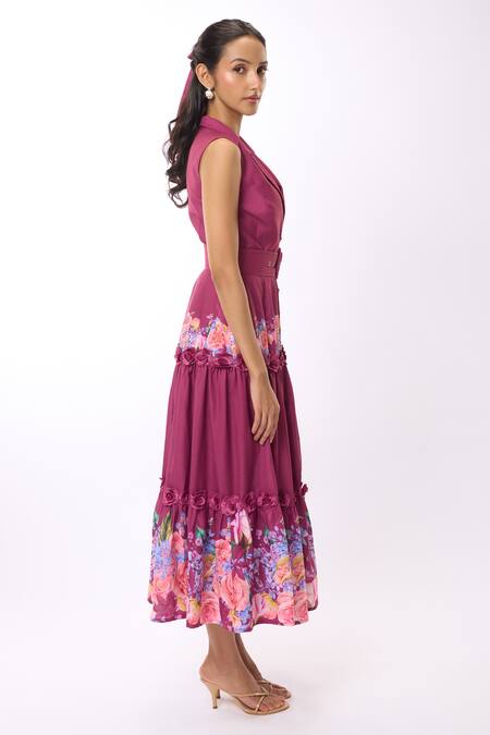 Shop Verano By Tanya Purple Linen Fabric Flowers Cynthia Rose Print Tiered Midi Dress With Belt Online at Aza Fashions Shop_Verano By Tanya_Purple Linen Fabric Flowers Cynthia Rose Print Tiered Midi Dress With Belt _Online_at_Aza_Fashions