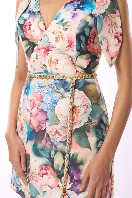 Buy Verano By Tanya Multi Color Linen V-neck Freesia Floral Pattern Short Dress Online at Aza Fashions Buy_Verano By Tanya_Multi Color Linen V-neck Freesia Floral Pattern Short Dress _Online_at_Aza_Fashions