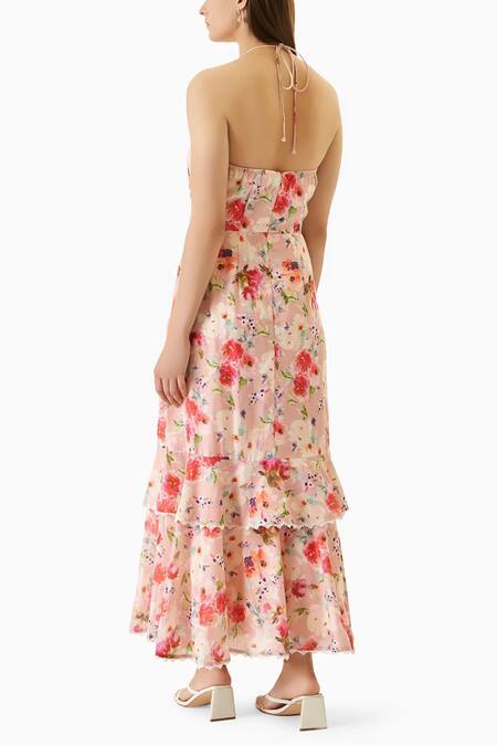 Buy_Verano By Tanya_Peach Linen Halter Neck Ivy Printed Midi Dress_Online_at_Aza_Fashions