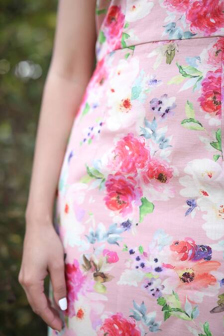 Shop_Verano By Tanya_Peach Linen Halter Neck Ivy Printed Midi Dress_Online_at_Aza_Fashions