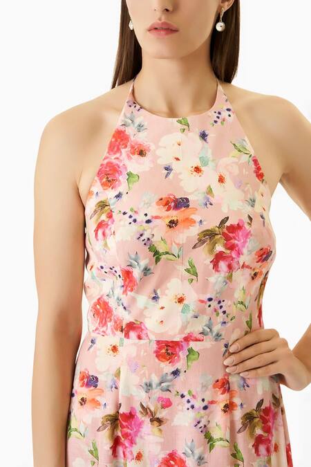 Verano By Tanya_Peach Linen Halter Neck Ivy Printed Midi Dress_at_Aza_Fashions