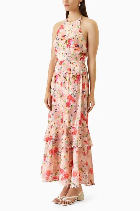 Buy_Verano By Tanya_Peach Linen Halter Neck Ivy Printed Midi Dress