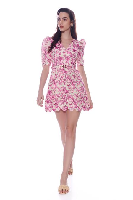 Verano By Tanya_Purple Linen Buckles Scoop Neck, Ixia Floral Print Short Dress With Belt_Online_at_Aza_Fashions