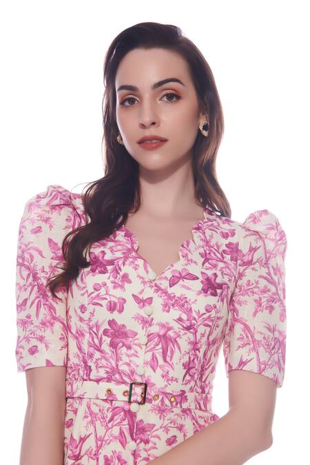 Buy_Verano By Tanya_Purple Linen Buckles Scoop Neck, Ixia Floral Print Short Dress With Belt