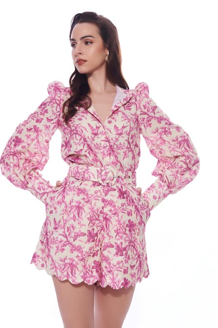 Verano By Tanya Purple Linen Ixia Printed Shorts With Belt Online at Aza Fashions Verano By Tanya_Purple Linen Ixia Printed Shorts With Belt _Online_at_Aza_Fashions