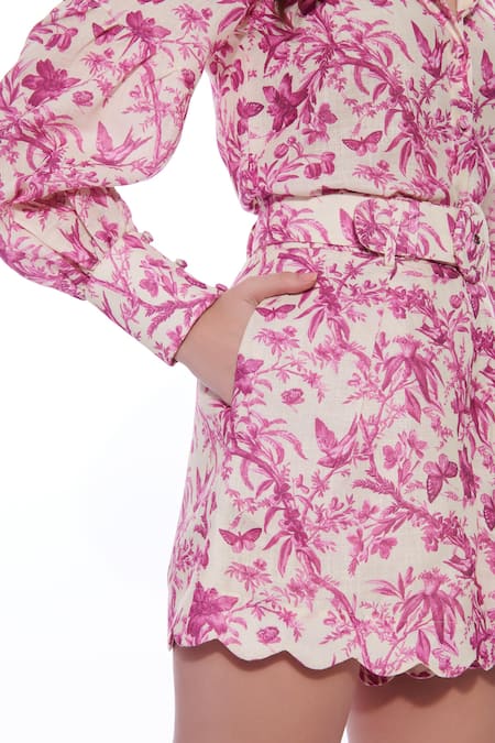 Shop Verano By Tanya Purple Linen Ixia Printed Shorts With Belt Online at Aza Fashions Shop_Verano By Tanya_Purple Linen Ixia Printed Shorts With Belt _Online_at_Aza_Fashions