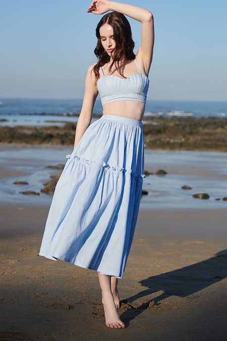 Shop_Verano By Tanya_Blue Cotton Plain Kate High Waist Midi Skirt  _at_Aza_Fashions