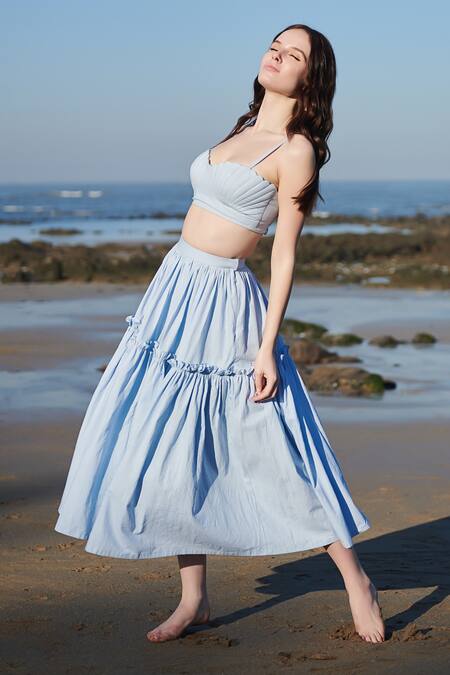 Verano By Tanya_Blue Cotton Plain Kate High Waist Midi Skirt  _at_Aza_Fashions