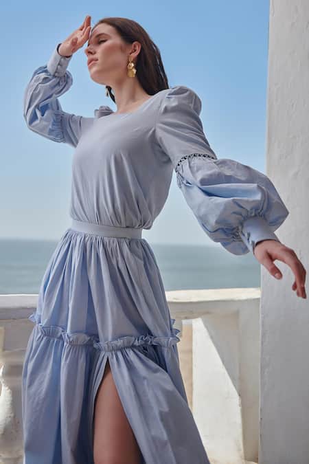 Buy_Verano By Tanya_Blue Cotton Plain Kate High Waist Midi Skirt  
