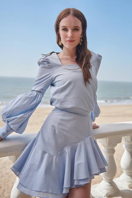 Verano By Tanya_Blue Cotton Kate Flared Skirt _at_Aza_Fashions