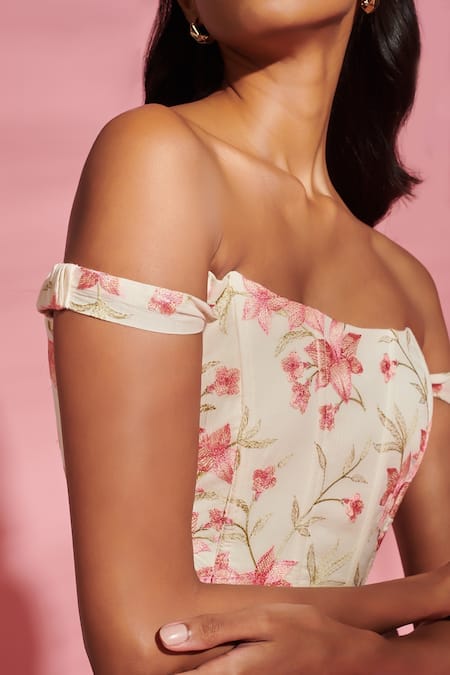 Buy_Verano By Tanya_Multi Color Cotton Embroidery Off-shoulder Lyla Floral Corset _Online_at_Aza_Fashions