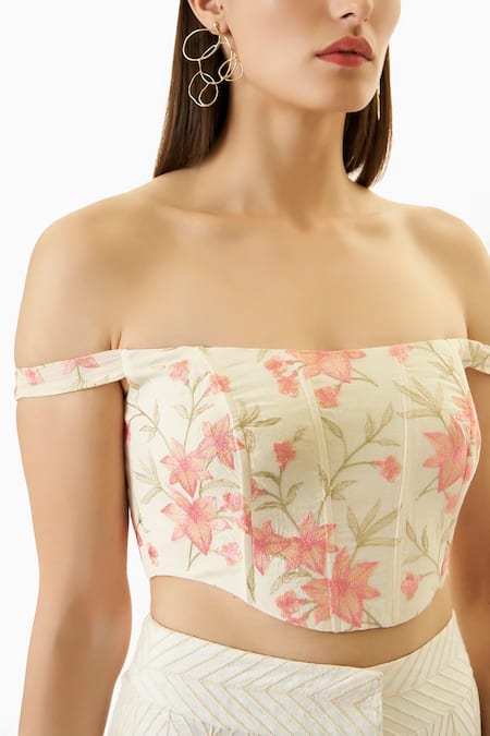 Shop_Verano By Tanya_Multi Color Cotton Embroidery Off-shoulder Lyla Floral Corset _Online_at_Aza_Fashions