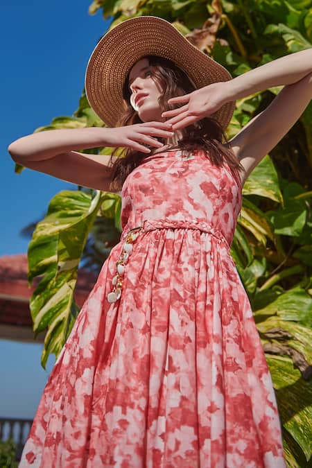 Verano By Tanya Red Linen Chains Open Neck Lucia Maxi Dress Online at Aza Fashions Verano By Tanya_Red Linen Chains Open Neck Lucia Maxi Dress _Online_at_Aza_Fashions
