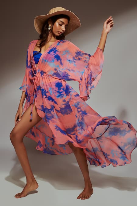 Shop Verano By Tanya Multi Color Chiffon V-neck Luna Tie-dye Kaftan at Aza Fashions Shop_Verano By Tanya_Multi Color Chiffon V-neck Luna Tie-dye Kaftan _at_Aza_Fashions