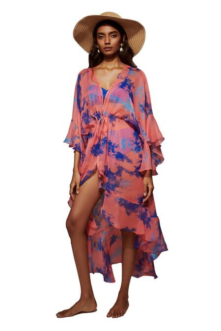 Shop Verano By Tanya Multi Color Chiffon V-neck Luna Tie-dye Kaftan Online at Aza Fashions Shop_Verano By Tanya_Multi Color Chiffon V-neck Luna Tie-dye Kaftan _Online_at_Aza_Fashions