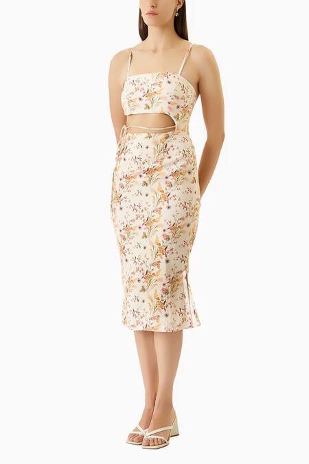 Verano By Tanya_Ivory Linen Square Neck Lyla Floral Print Cutout Midi Dress_Online_at_Aza_Fashions