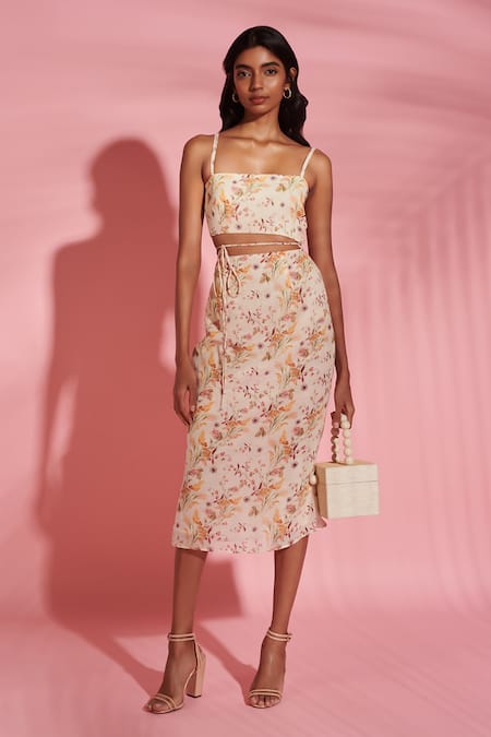 Buy_Verano By Tanya_Ivory Linen Square Neck Lyla Floral Print Cutout Midi Dress_Online_at_Aza_Fashions