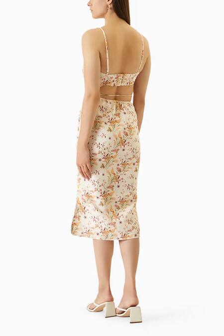 Shop_Verano By Tanya_Ivory Linen Square Neck Lyla Floral Print Cutout Midi Dress_Online_at_Aza_Fashions
