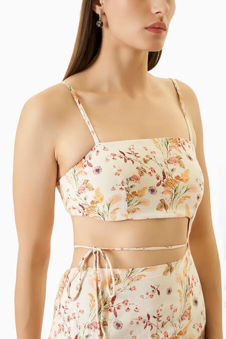 Buy_Verano By Tanya_Ivory Linen Square Neck Lyla Floral Print Cutout Midi Dress