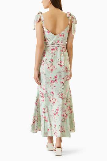 Verano By Tanya_Green Linen Cut Work Sweetheart Neck Mae Floral Print Mermaid Dress_Online_at_Aza_Fashions