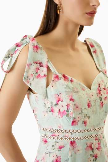 Buy_Verano By Tanya_Green Linen Cut Work Sweetheart Neck Mae Floral Print Mermaid Dress_Online_at_Aza_Fashions
