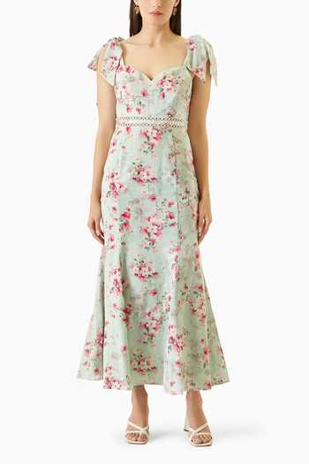 Shop_Verano By Tanya_Green Linen Cut Work Sweetheart Neck Mae Floral Print Mermaid Dress_Online_at_Aza_Fashions