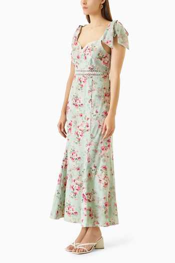 Verano By Tanya_Green Linen Cut Work Sweetheart Neck Mae Floral Print Mermaid Dress_at_Aza_Fashions