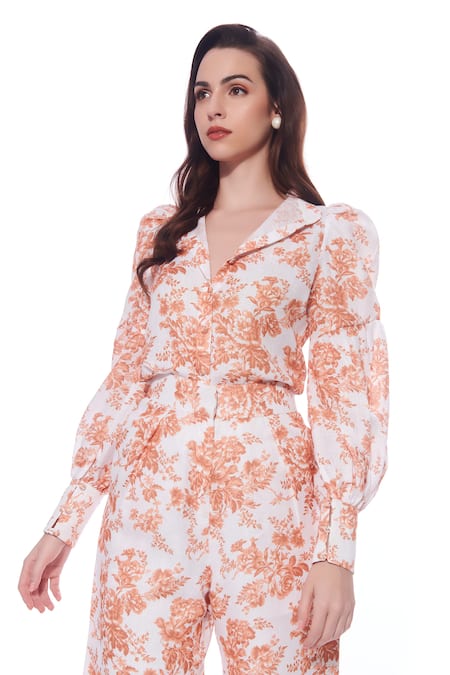 Verano by Tanya Yellow Linen Printed Floral Mandarin High Collar Magnolia Shirt 