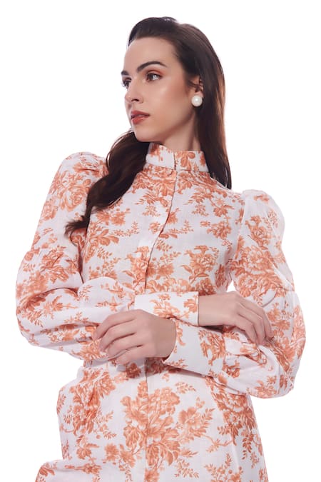 Shop Verano By Tanya Yellow Linen Embroidery Mandarin Collar Magnolia Floral Print Shirt at Aza Fashions Shop_Verano By Tanya_Yellow Linen Embroidery Mandarin Collar Magnolia Floral Print Shirt _at_Aza_Fashions