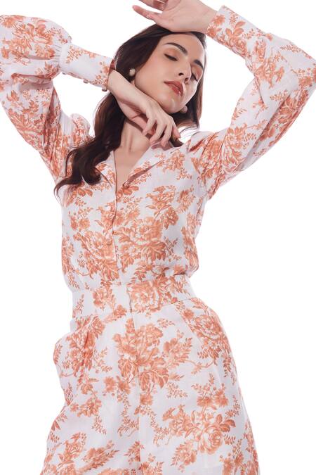 Buy Verano By Tanya Yellow Linen Embroidery Mandarin Collar Magnolia Floral Print Shirt Online at Aza Fashions Buy_Verano By Tanya_Yellow Linen Embroidery Mandarin Collar Magnolia Floral Print Shirt _Online_at_Aza_Fashions