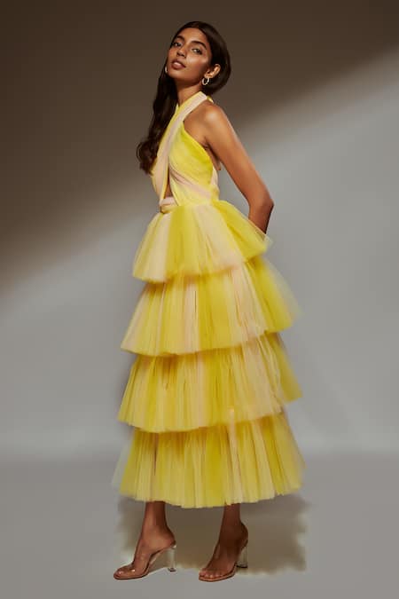 Shop Verano By Tanya Yellow Tulle Halter Neck Malina Sunrise Lemonade Ruffle Layered Dress at Aza Fashions Shop_Verano By Tanya_Yellow Tulle Halter Neck Malina Sunrise Lemonade Ruffle Layered Dress_at_Aza_Fashions