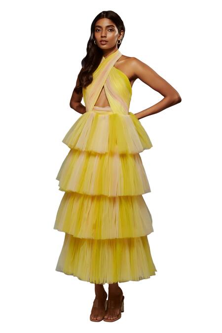 Shop Verano By Tanya Yellow Tulle Halter Neck Malina Sunrise Lemonade Ruffle Layered Dress Online at Aza Fashions Shop_Verano By Tanya_Yellow Tulle Halter Neck Malina Sunrise Lemonade Ruffle Layered Dress_Online_at_Aza_Fashions