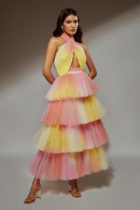Verano By Tanya Multi Color Tulle Halter Neck Malina Sunset Sorbet Ruffle Layered Dress 