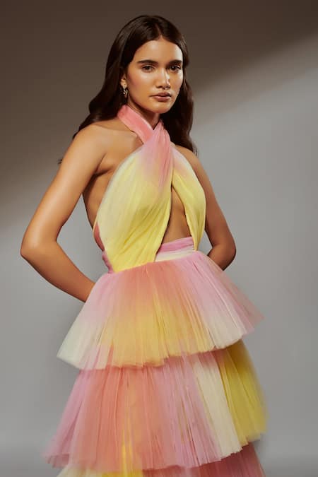 Shop Verano By Tanya Multi Color Tulle Halter Neck Malina Sunset Sorbet Ruffle Layered Dress at Aza Fashions Shop_Verano By Tanya_Multi Color Tulle Halter Neck Malina Sunset Sorbet Ruffle Layered Dress _at_Aza_Fashions