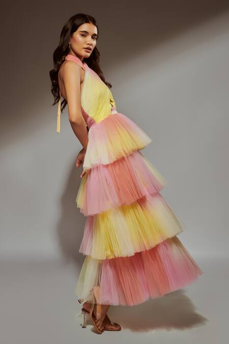 Verano By Tanya Multi Color Tulle Halter Neck Malina Sunset Sorbet Ruffle Layered Dress Online at Aza Fashions Verano By Tanya_Multi Color Tulle Halter Neck Malina Sunset Sorbet Ruffle Layered Dress _Online_at_Aza_Fashions