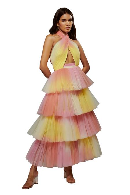 Verano By Tanya Multi Color Tulle Halter Neck Malina Sunset Sorbet Ruffle Layered Dress at Aza Fashions Verano By Tanya_Multi Color Tulle Halter Neck Malina Sunset Sorbet Ruffle Layered Dress _at_Aza_Fashions