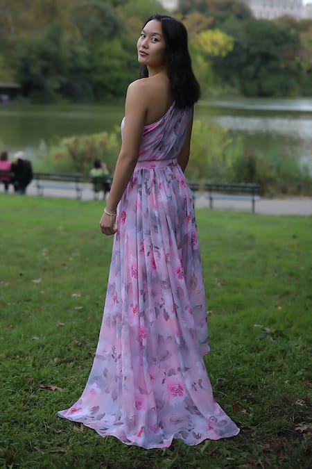 Shop_Verano By Tanya_Pink Georgette One Shoulder Mia Floral Print Off Dress _at_Aza_Fashions